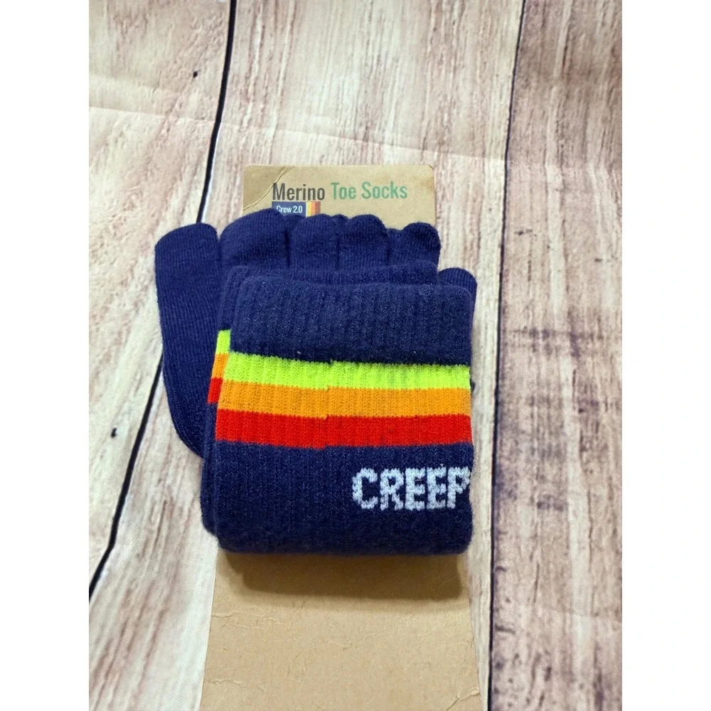 Creepers Merino Toe Socks Crew 2.0 Navy Blue Rainbow Striped XL Men 12-14.5 NEW